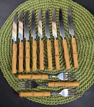 Vintage Bamboo Style Flatware Set 10 Knives & 4 Forks Retro Mid-Century Dining
